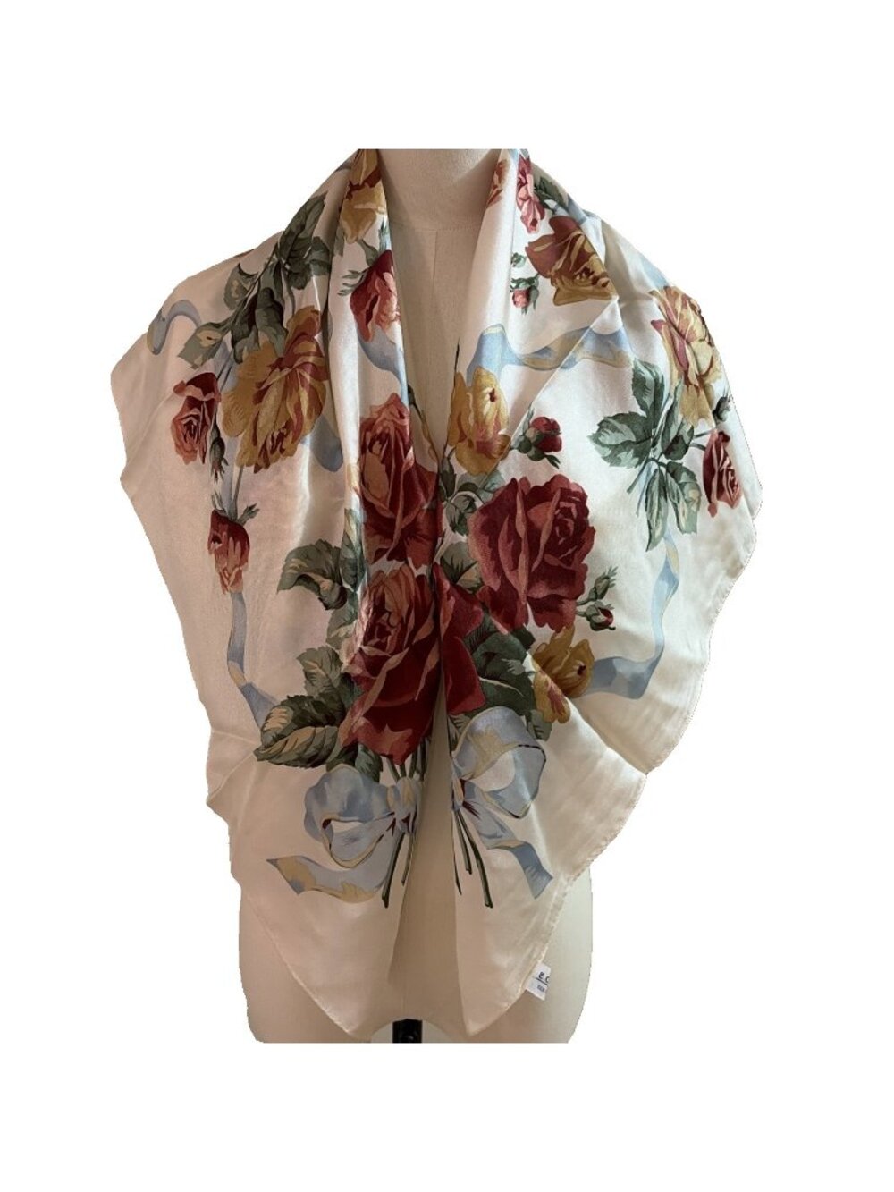 Vintage Echo Silk Scarf Burgundy Floral Cabbage Rose Ribbons Large 35x36 Luxury